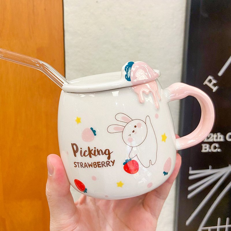 Zogifts Cute Korean Cartoon Strawberry Rabbit Pattern Kids Straw Mugs Ceramic Coffee Eco Friendly Travel Mug With Gift Box