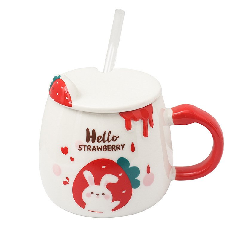 Zogifts Cute Korean Cartoon Strawberry Rabbit Pattern Kids Straw Mugs Ceramic Coffee Eco Friendly Travel Mug With Gift Box