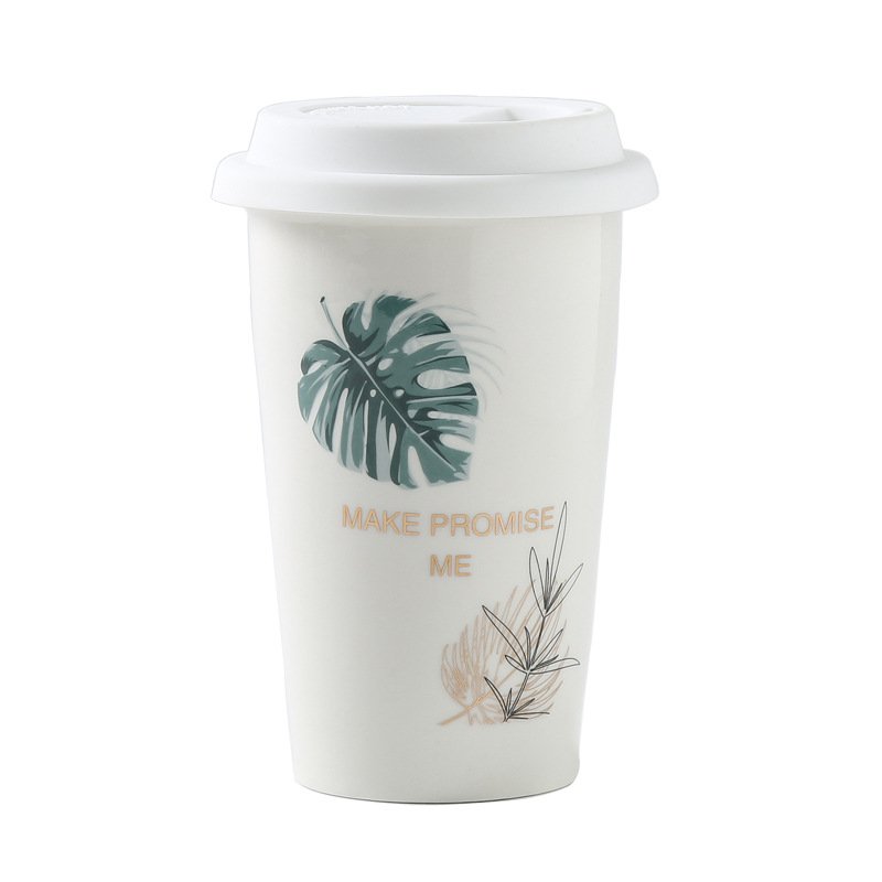 Take Away Porcelain Thermal Coffee Mugs with Printed Logo Water Mug Double Wall Coffee Cup Ceramic Travel Mug with Silicone Lid