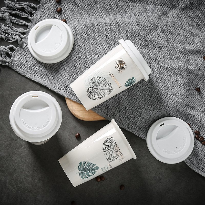 Take Away Porcelain Thermal Coffee Mugs with Printed Logo Water Mug Double Wall Coffee Cup Ceramic Travel Mug with Silicone Lid