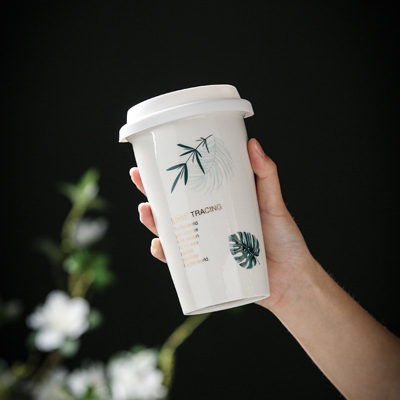 Take Away Porcelain Thermal Coffee Mugs with Printed Logo Water Mug Double Wall Coffee Cup Ceramic Travel Mug with Silicone Lid