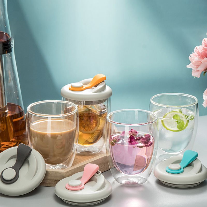 250ML 350ML 450ML Double Wall High Borosilicate Glass Coffee Cup Sealed Silicone Lid Travel Coffee Glass Mug