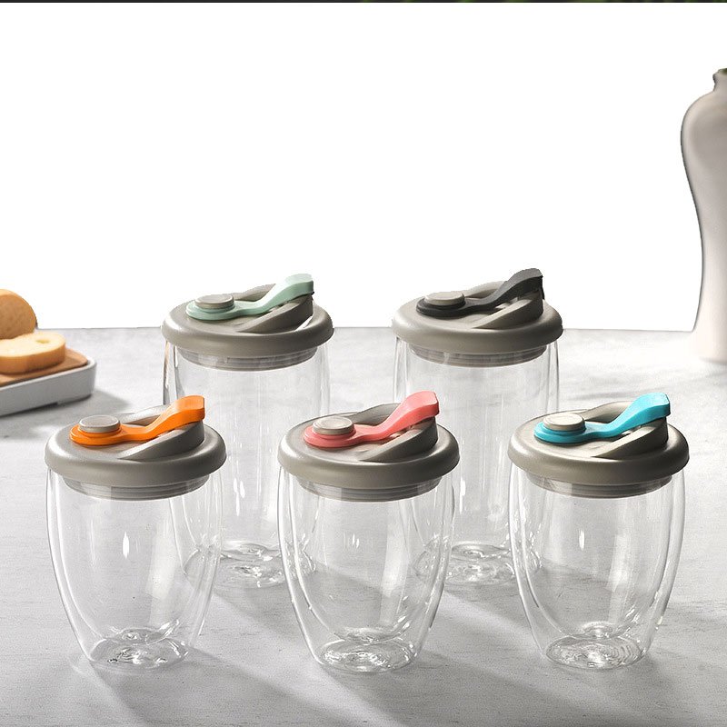 250ML 350ML 450ML Double Wall High Borosilicate Glass Coffee Cup Sealed Silicone Lid Travel Coffee Glass Mug