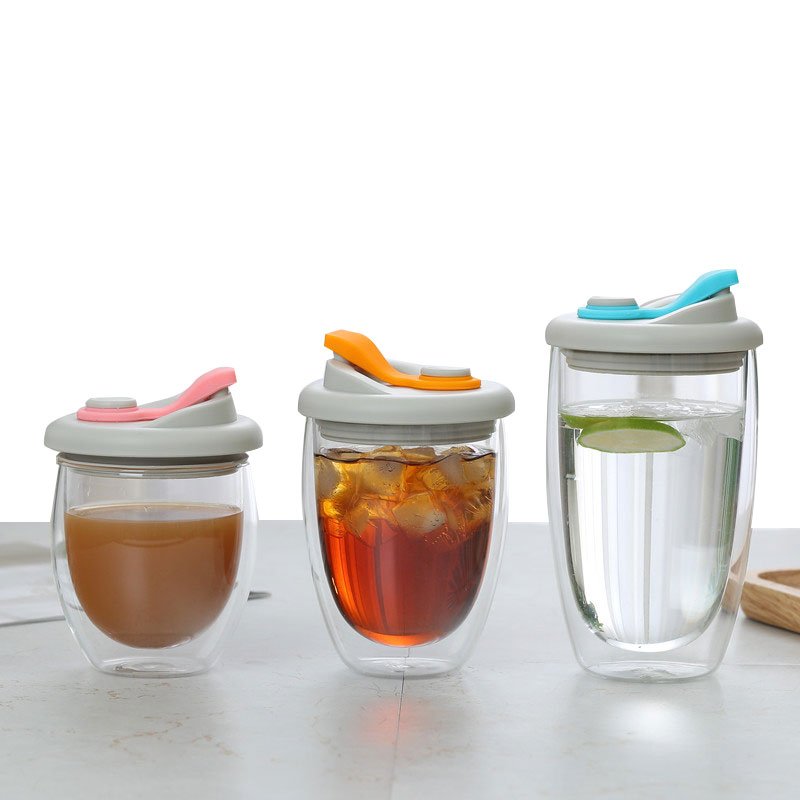 250ML 350ML 450ML Double Wall High Borosilicate Glass Coffee Cup Sealed Silicone Lid Travel Coffee Glass Mug