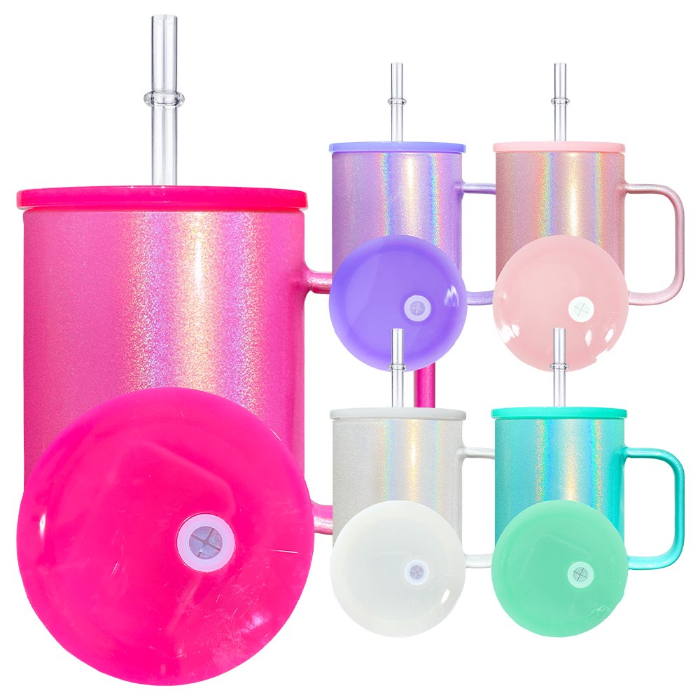 25pack USA warehouse 17oz Camper Mug blank sublimation holographic shimmer glitter 17oz glitter shimmer glass mug with bling lid