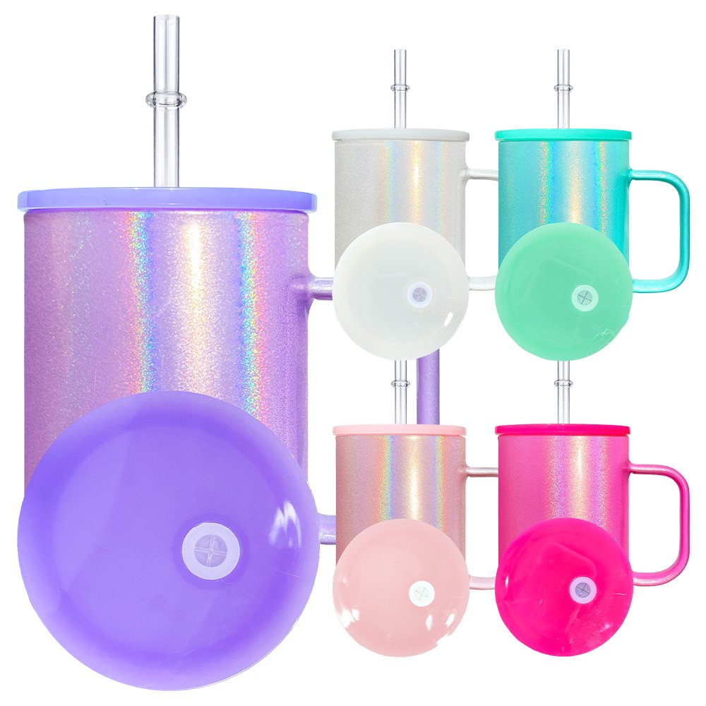 25pack USA warehouse 17oz Camper Mug blank sublimation holographic shimmer glitter 17oz glitter shimmer glass mug with bling lid