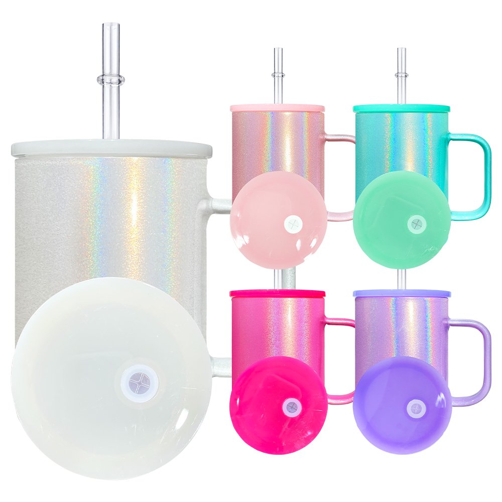 25pack USA warehouse 17oz Camper Mug blank sublimation holographic shimmer glitter 17oz glitter shimmer glass mug with bling lid