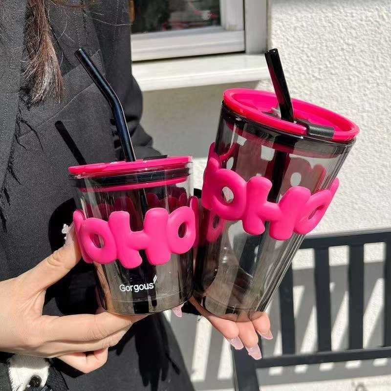 Thick Glass Water Bottles Milk Juice Drinking Mugs With Straw And Silicone Protective Sleeve