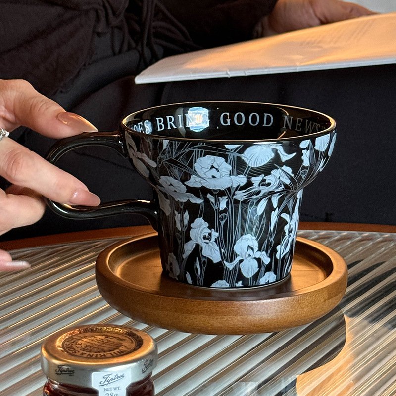 Ins nordic black flower ceramic breakfast mug creative french wide mouth coffee mug