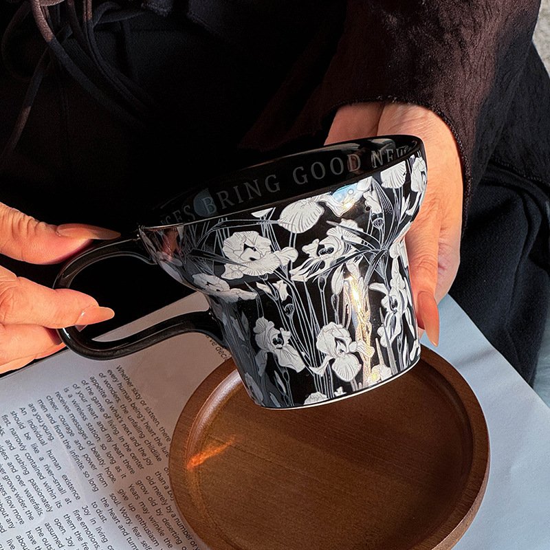 Ins nordic black flower ceramic breakfast mug creative french wide mouth coffee mug