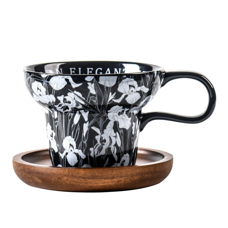 Ins nordic black flower ceramic breakfast mug creative french wide mouth coffee mug