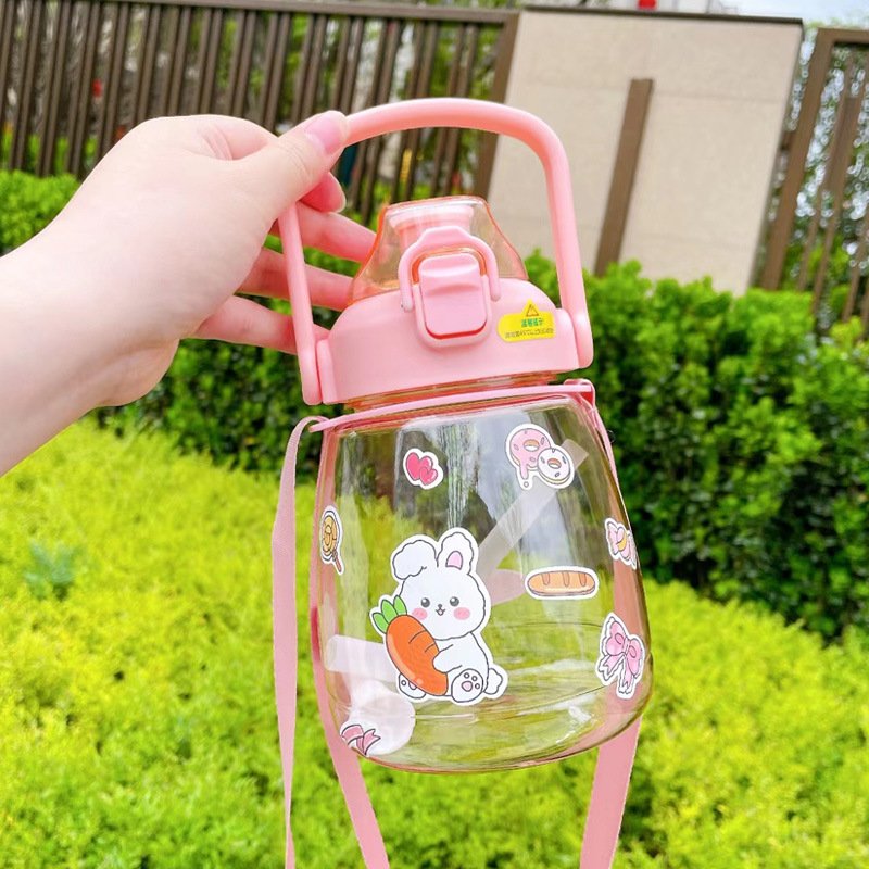 Large Capacity Drinkware Matte Custom Fashion Children Cartoon Style Plastic Water Bottle with straw and Handle
