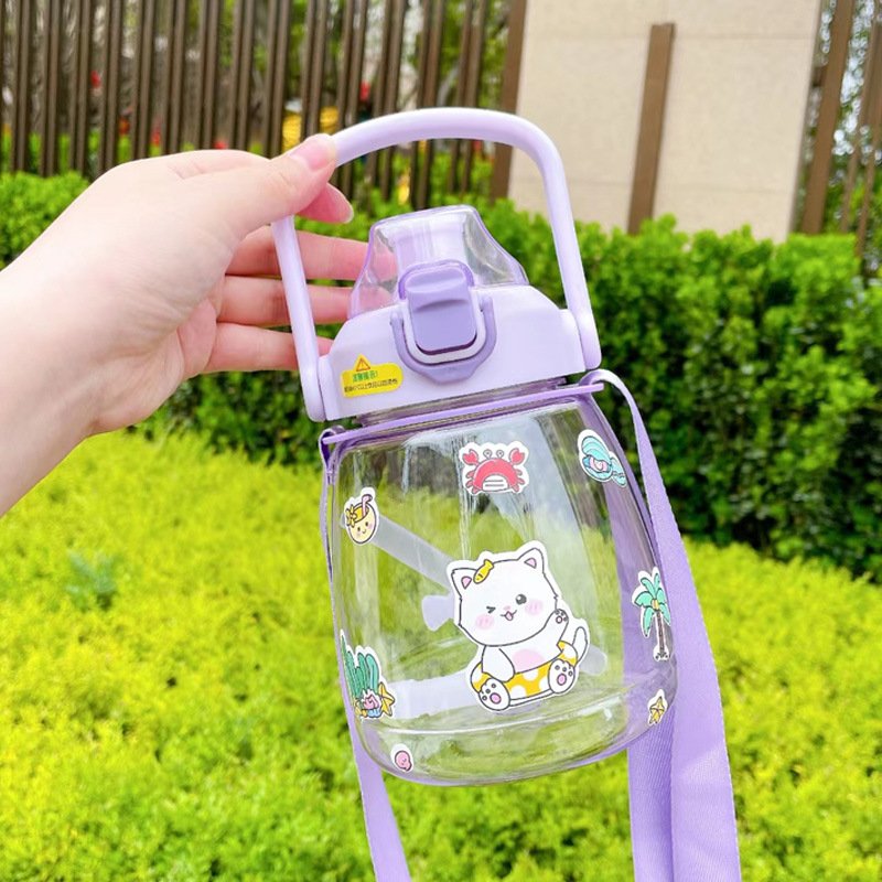 Large Capacity Drinkware Matte Custom Fashion Children Cartoon Style Plastic Water Bottle with straw and Handle