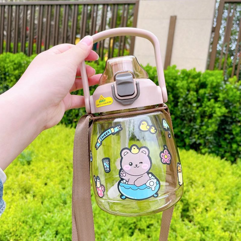 Large Capacity Drinkware Matte Custom Fashion Children Cartoon Style Plastic Water Bottle with straw and Handle