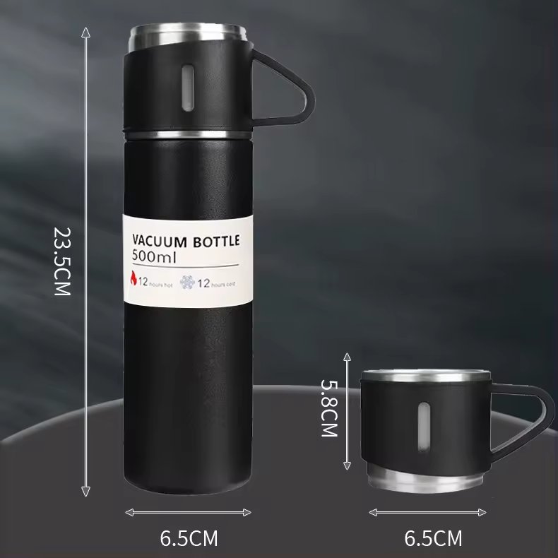 Custom Logo Coffee Cup Set Portable Stainless Steel Thermos 500ml Vacuum Flask with Two Coffee Tea Cups Gift Box Bottle Set