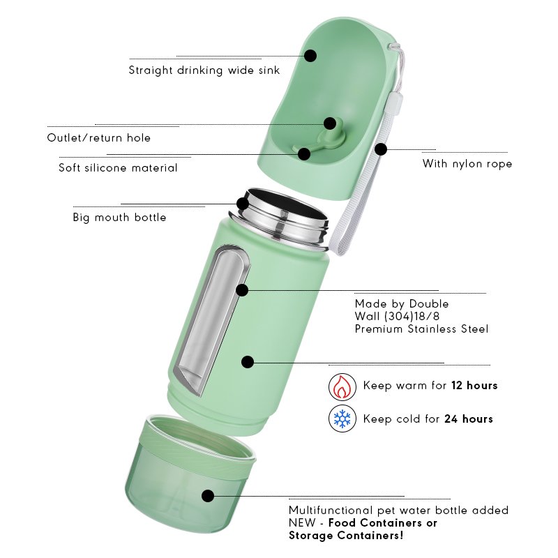 350ml 2 in 1 Pet products for walking portable plastic travel recycling dispenser outdoor Pet dog stainless steel water bottle