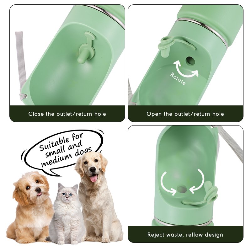 350ml 2 in 1 Pet products for walking portable plastic travel recycling dispenser outdoor Pet dog stainless steel water bottle