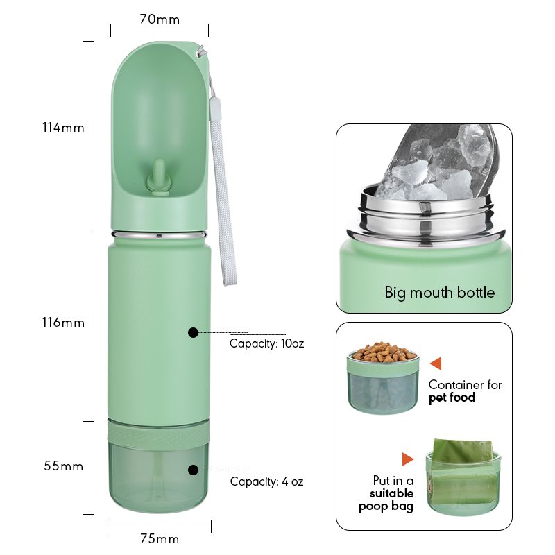 350ml 2 in 1 Pet products for walking portable plastic travel recycling dispenser outdoor Pet dog stainless steel water bottle
