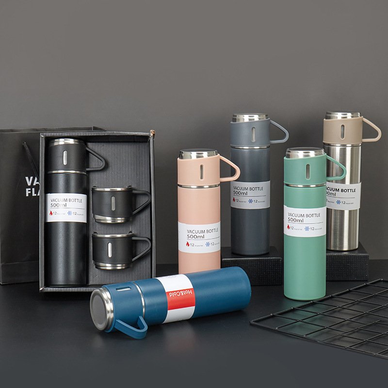 Thermos Double Wall Drinking Coffee Bottle 500ML Gift Cups Stainless Steel Vacuum Tumbler Flask Set