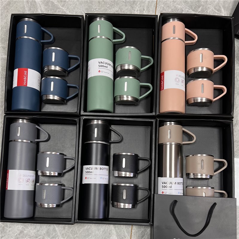 Thermos Double Wall Drinking Coffee Bottle 500ML Gift Cups Stainless Steel Vacuum Tumbler Flask Set
