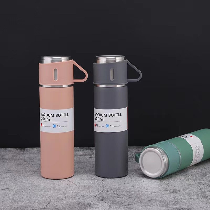 Eco-friendly 500ml Double Walled Water Bottle Travel Drinking Flask Stainless Steel Vacuum Flask Set With 3 Cups Lid