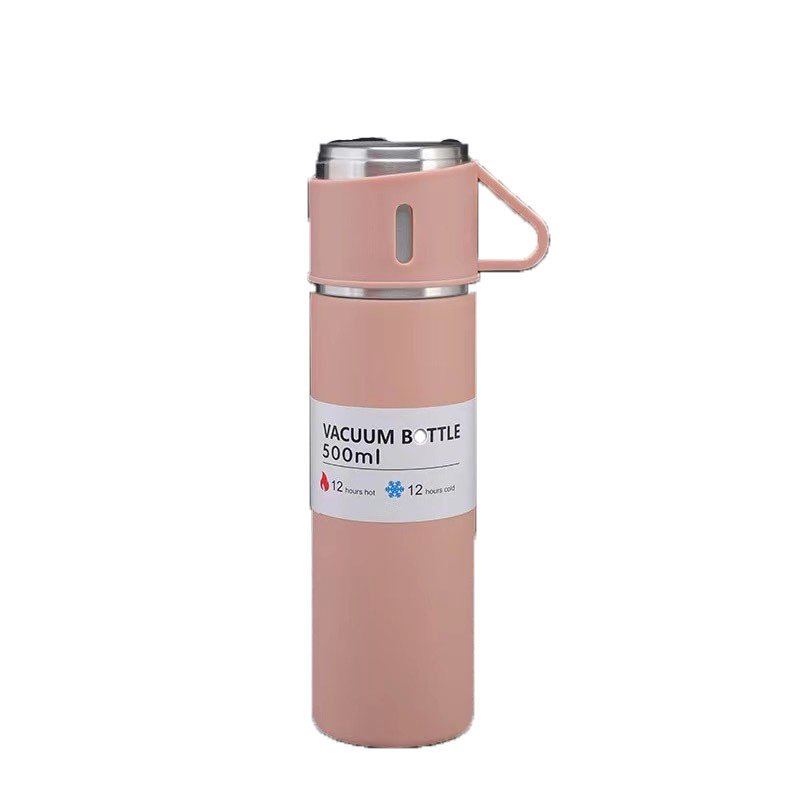 Eco-friendly 500ml Double Walled Water Bottle Travel Drinking Flask Stainless Steel Vacuum Flask Set With 3 Cups Lid