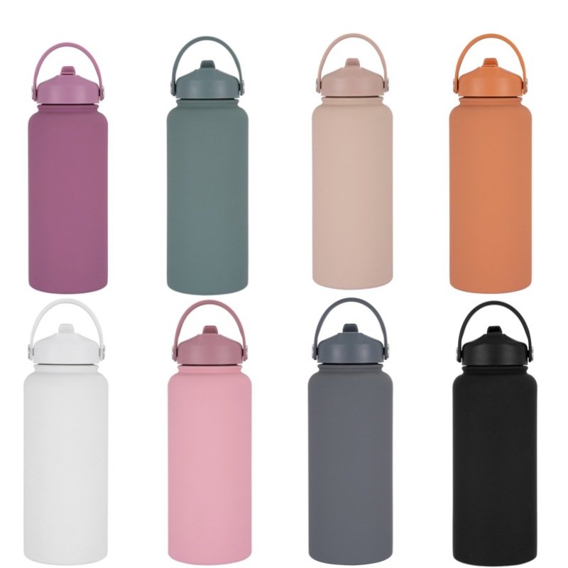 Custom 32oz Rubber Coating Stainless Steel Portable Vacuum Flask Insulated Wide Mouth Sports Water Bottle with straw