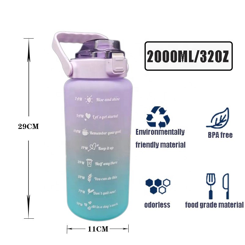 2l/half gallon 64oz Bpa Free Straw Plastic Gym Exercise Motivational Water Bottle with Time Marker