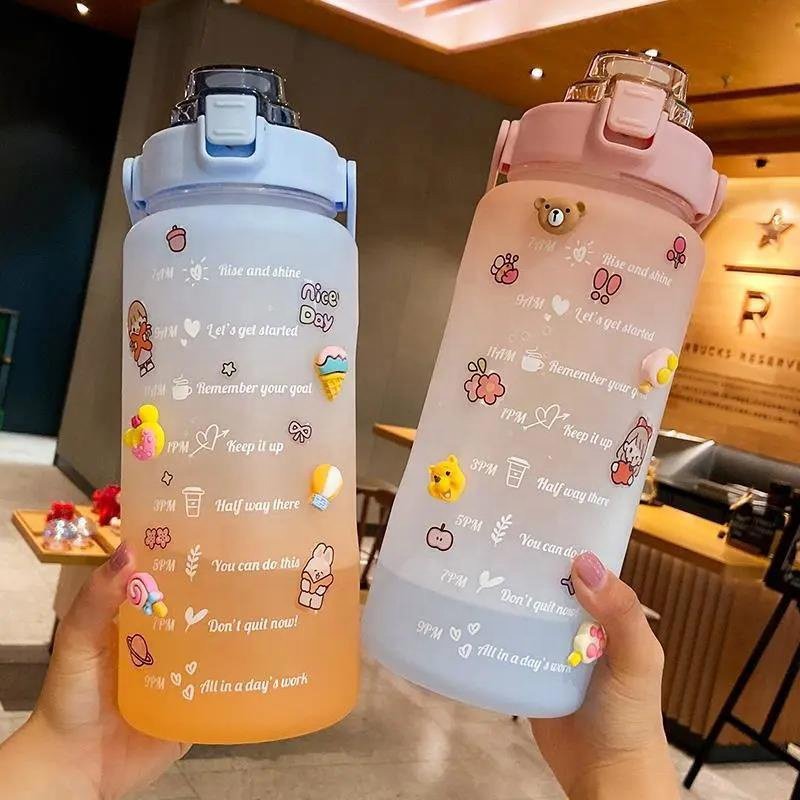 2l/half gallon 64oz Bpa Free Straw Plastic Gym Exercise Motivational Water Bottle with Time Marker