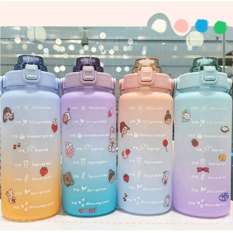 2l/half gallon 64oz Bpa Free Straw Plastic Gym Exercise Motivational Water Bottle with Time Marker