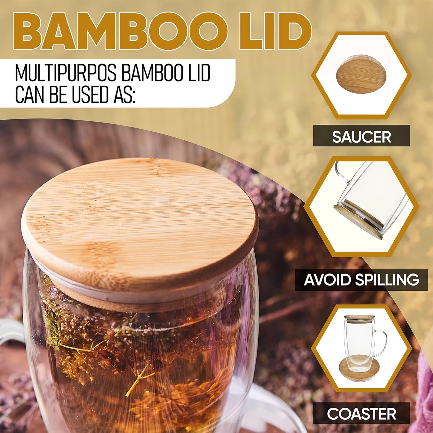 Wholesale 450ml 16oz Double Layer Wall Thermal Round Blank Clear Glass Coffee Tea Cup Mug with Bamboo Lid Handle