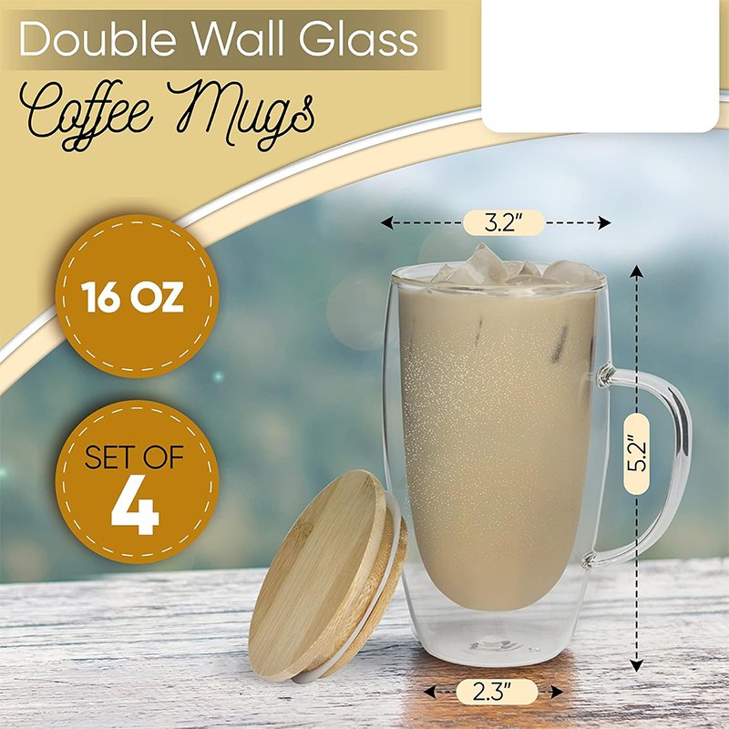 Wholesale 450ml 16oz Double Layer Wall Thermal Round Blank Clear Glass Coffee Tea Cup Mug with Bamboo Lid Handle