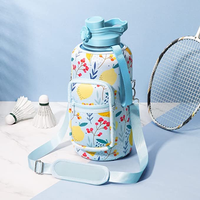 1 Gallon water bottle with Straw & Strap & Insulated Neoprene Holder Carrier Bag