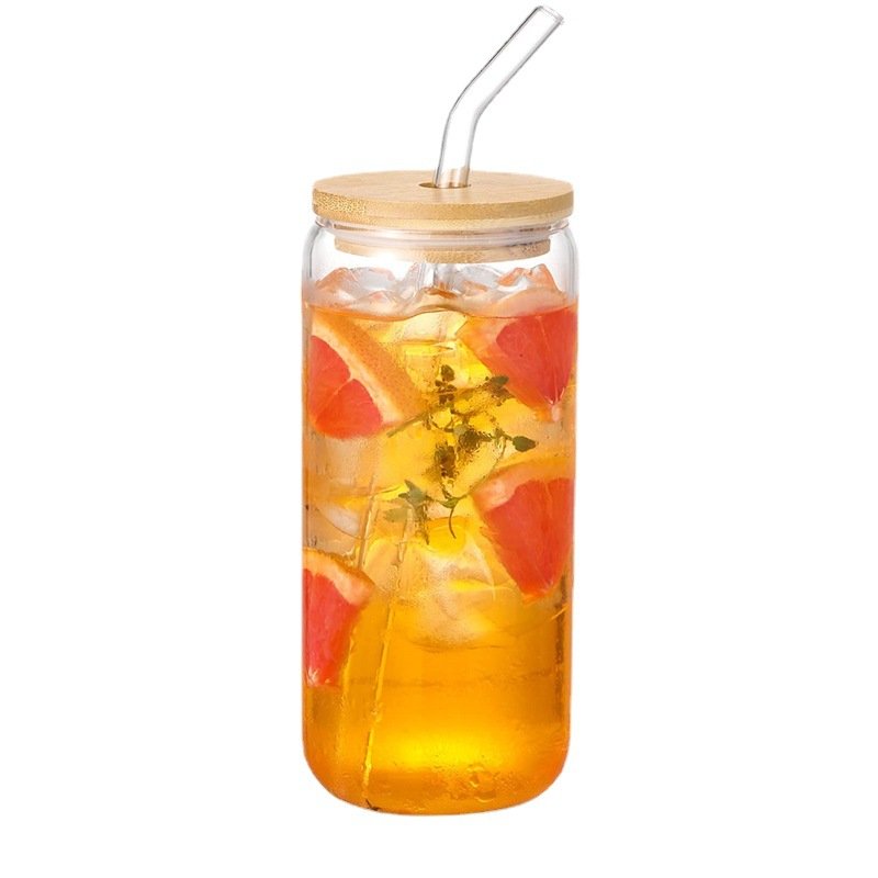 Hot Sale Drinking Glasses with Bamboo Lids and Glass Straw Can Shaped High Borosilicate Heat Resistant Glass Cups
