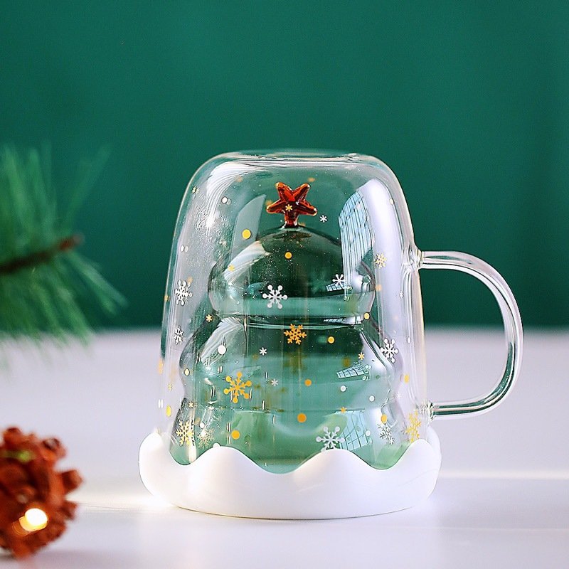 Creative Glass with Handle Christmas Tree Wishing Cup Double Layer Heat Insulated Milk Coffee Drinking Cup Home Glass Cup