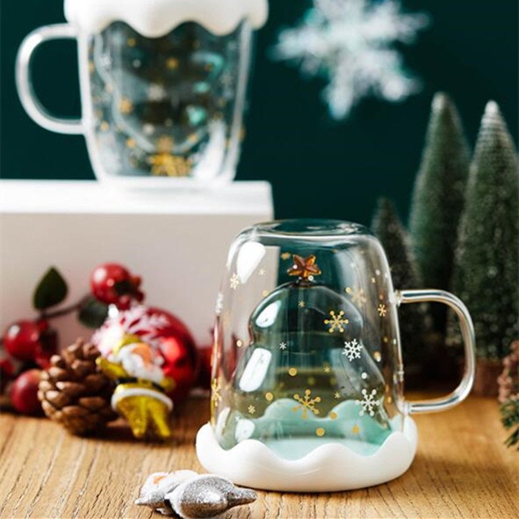 Creative Glass with Handle Christmas Tree Wishing Cup Double Layer Heat Insulated Milk Coffee Drinking Cup Home Glass Cup