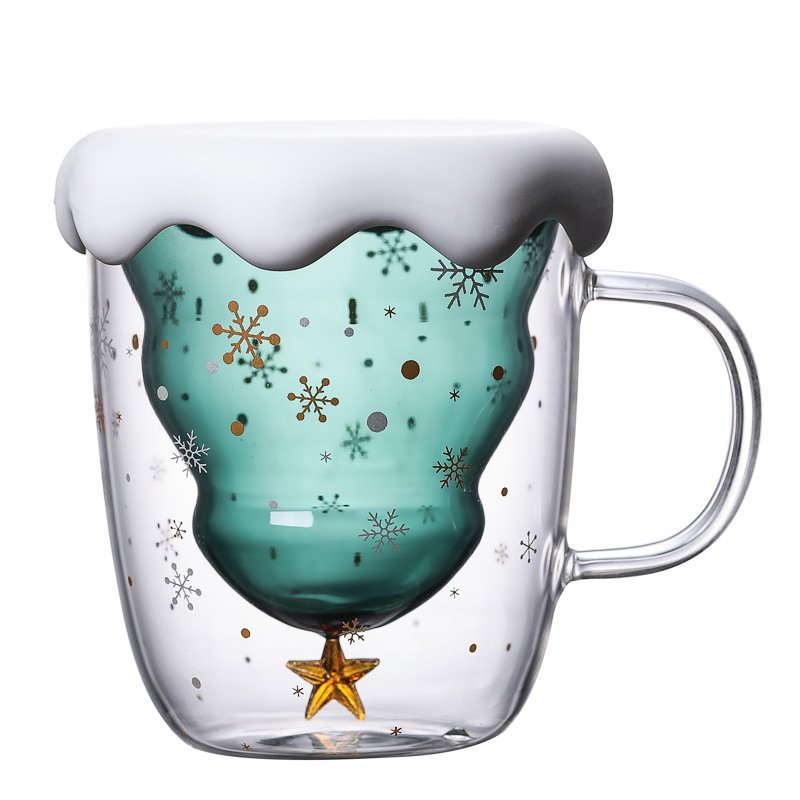 Creative Glass with Handle Christmas Tree Wishing Cup Double Layer Heat Insulated Milk Coffee Drinking Cup Home Glass Cup