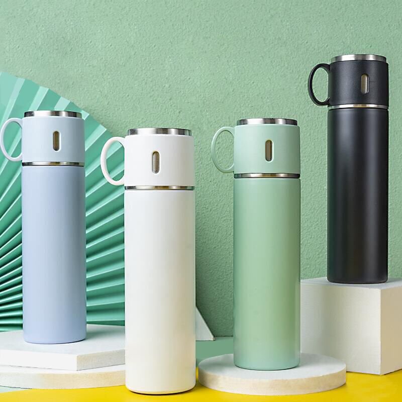Custom Logo Double Wall Insulated Metal Water Bottle Cups Stainless Steel Thermal Vacuum Flask Gift Set