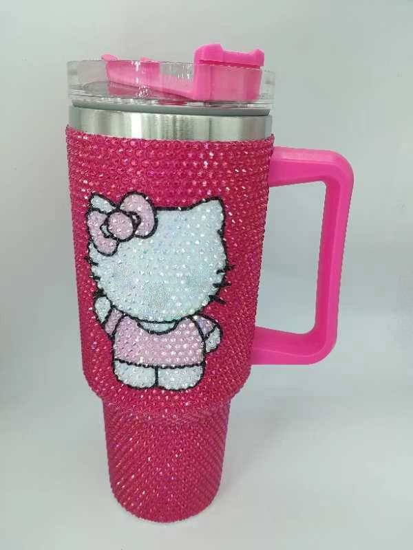 Customized cartoon Kitty handmade Bling Rhinestone 40oz Tumbler Travel Car Cup mugs Double layered Insulated Water Bottle