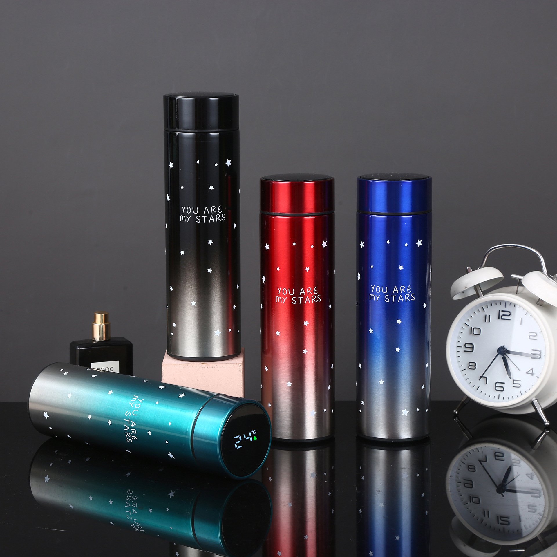 Novelty Starry Sky Gradient Insulated Travel Vacuum Flask with Temperature Display Straight Cup Design