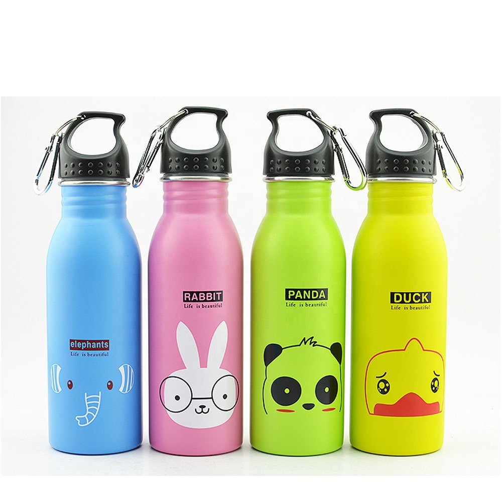 Cute cartoon single wall stainless steel water bottles sport bottle for kids with carabiner