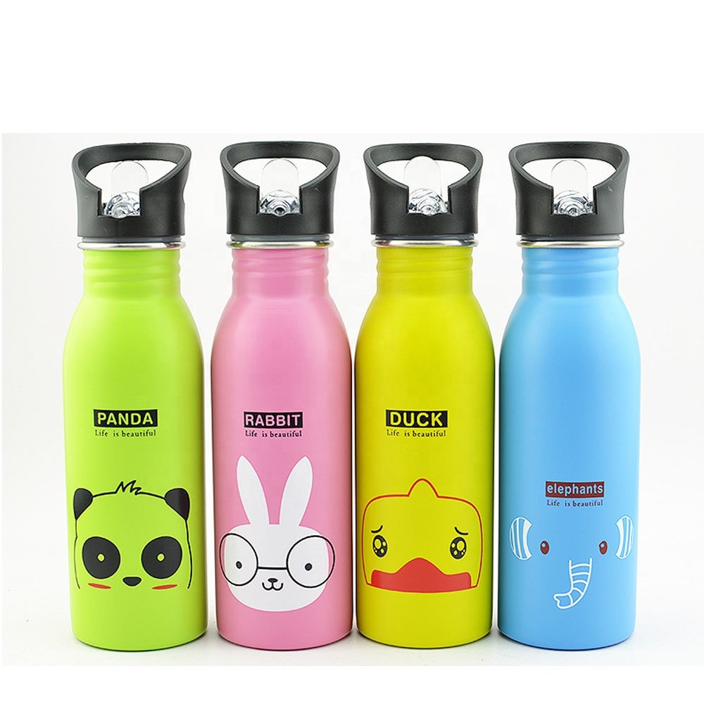 Cute cartoon single wall stainless steel water bottles sport bottle for kids with carabiner