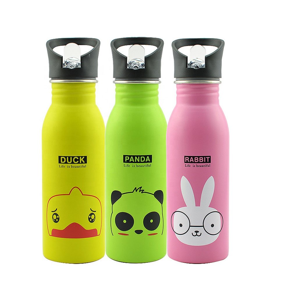 Cute cartoon single wall stainless steel water bottles sport bottle for kids with carabiner