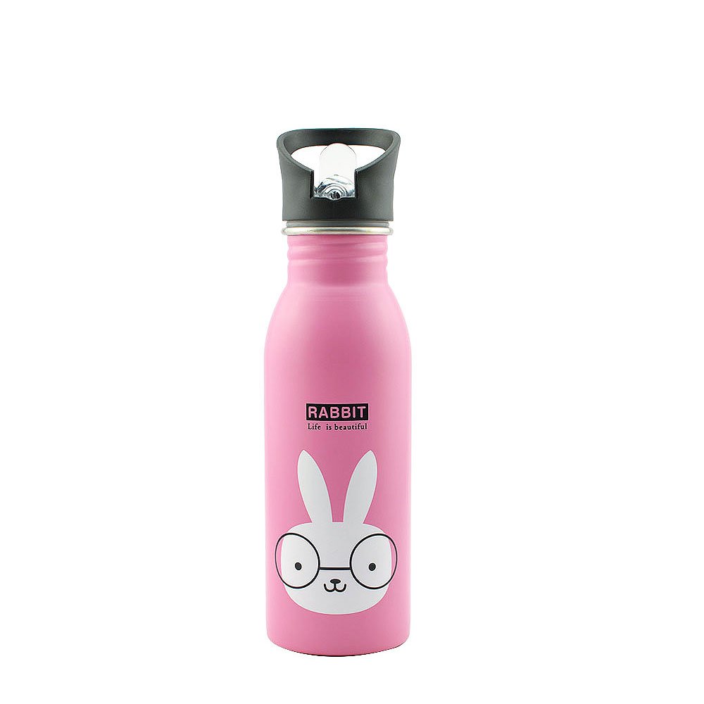 Cute cartoon single wall stainless steel water bottles sport bottle for kids with carabiner