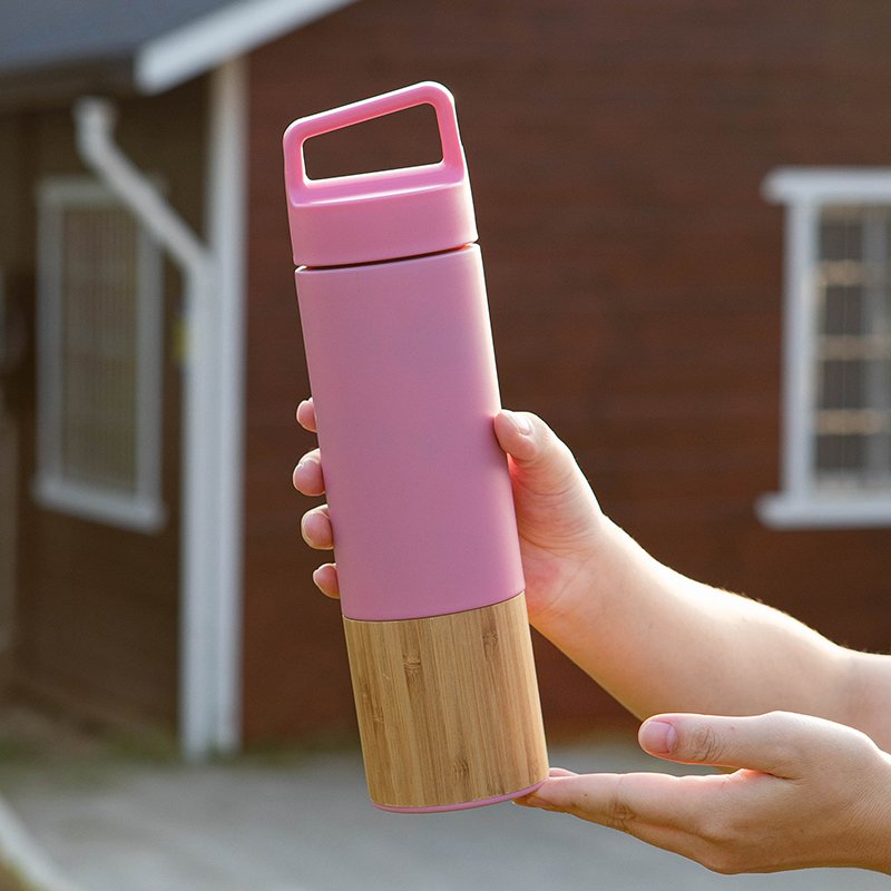 NEW 2023 wholesale eco friendly double wall stainless steel tumbler bamboo handle bottle vacuum flask water bottle