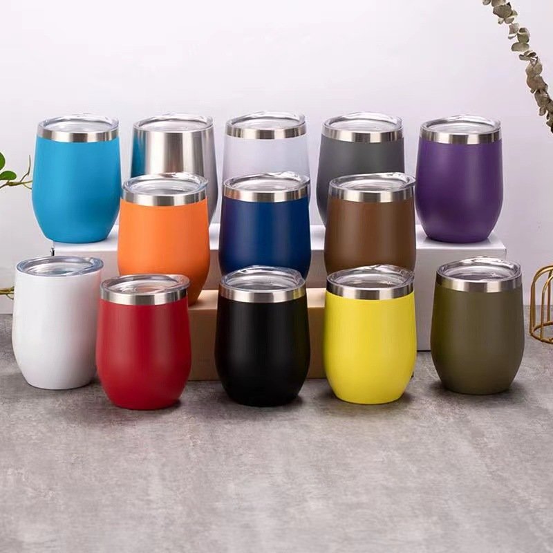 Customized Powder Coating 12oz Egg Shaped Double Wall Wine Glasses Stainless Steel Insulated Wine Tumbler Cups Coffee Mug