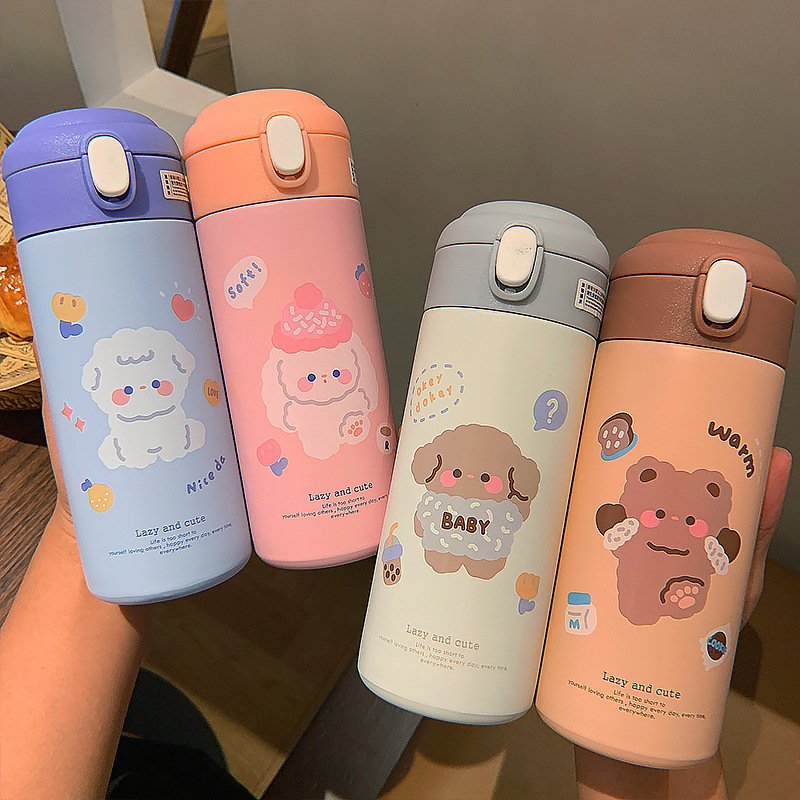 Kids Girls Cartoon Bottles Insulated Stainless Steel Vacuum Flasks With Straw For Students Portable Leak-proof Hot Water Bottles