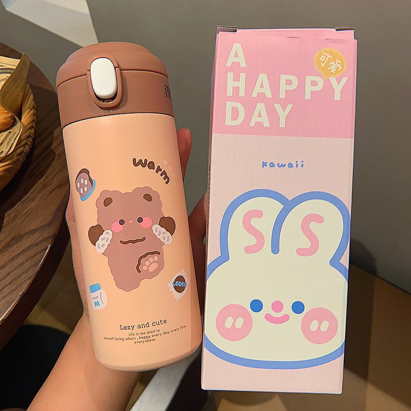 Kids Girls Cartoon Bottles Insulated Stainless Steel Vacuum Flasks With Straw For Students Portable Leak-proof Hot Water Bottles
