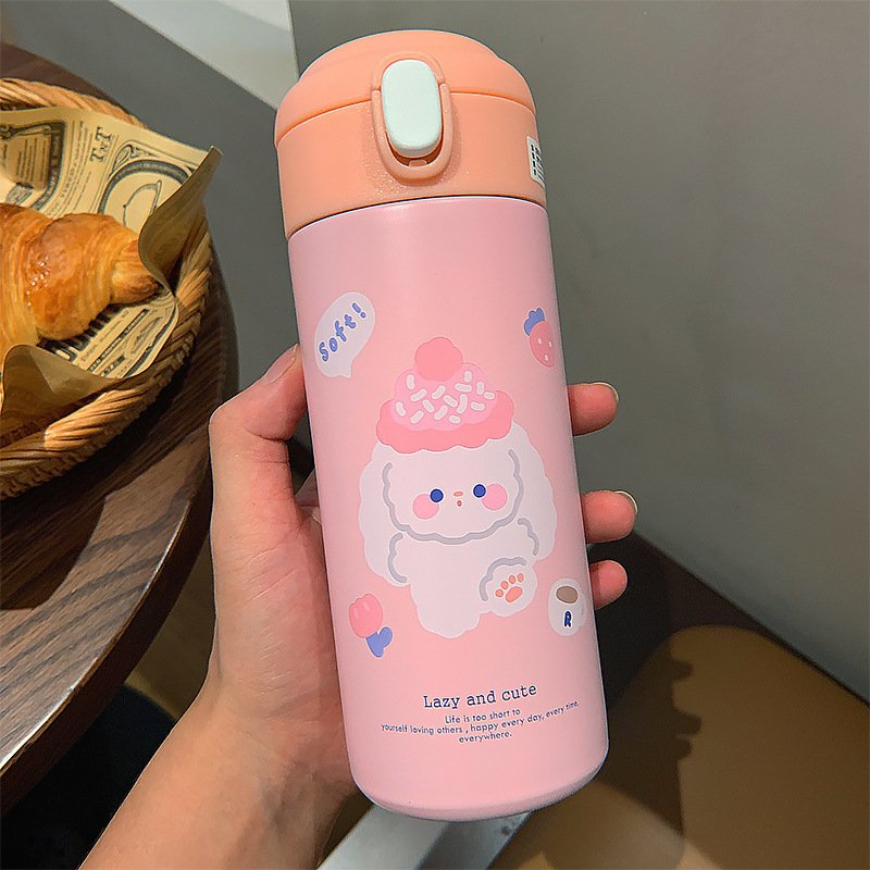 Kids Girls Cartoon Bottles Insulated Stainless Steel Vacuum Flasks With Straw For Students Portable Leak-proof Hot Water Bottles