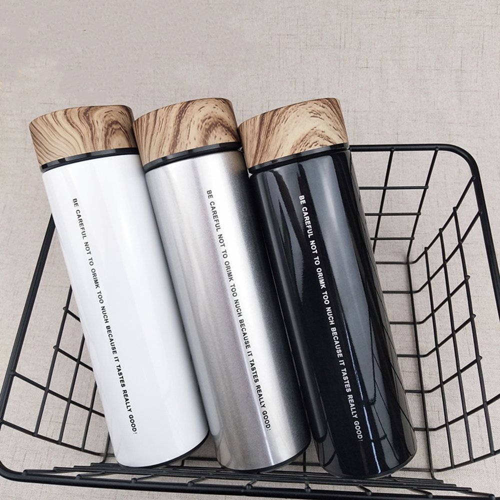 450ml wholesale stainless steel water bottles with wooden grain color paint lid double wall insulated vacuum flask
